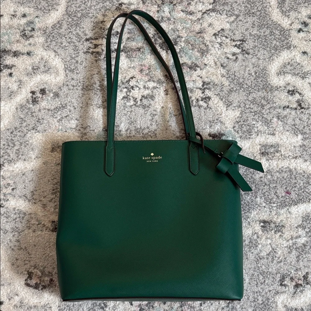 Kate Spade Brynn leather tote bag in the deep jade color with bow charm